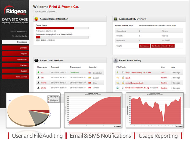 FTP Hosting and UK Online Data Storage Reporting, Monitoring and Auditing Web Panel